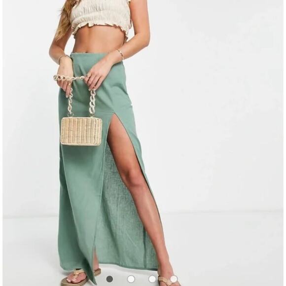 ASOS High Waisted Flax Blend Maxi Skirt High Slit Women’s 4 Green Bodycon Sexy - Picture 2 of 11